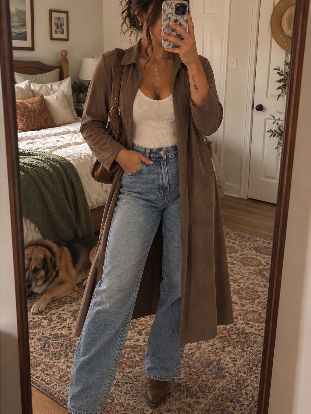 ZARA Brown Faux Suede Long Duster Coat Jacket 90s Vintage Style M